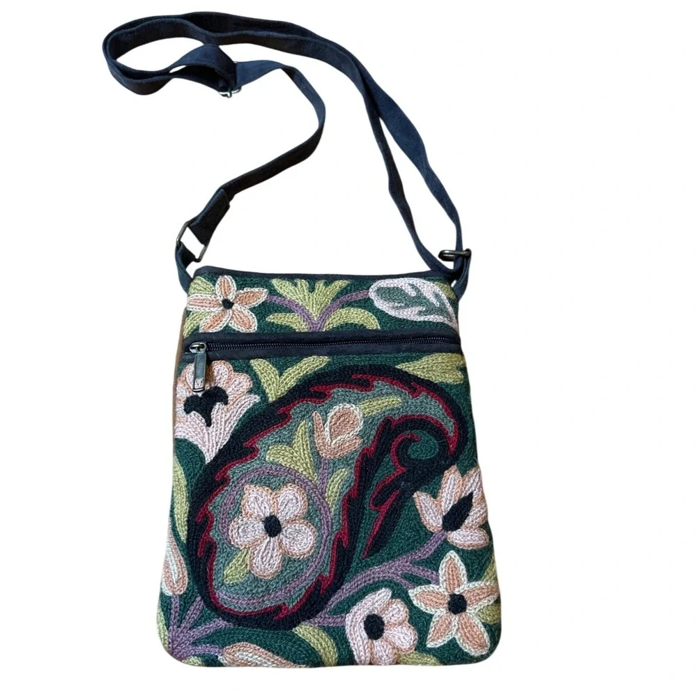 Crewel Embroidered Crossbody Bag Women Green Floral Boho SIZE Small